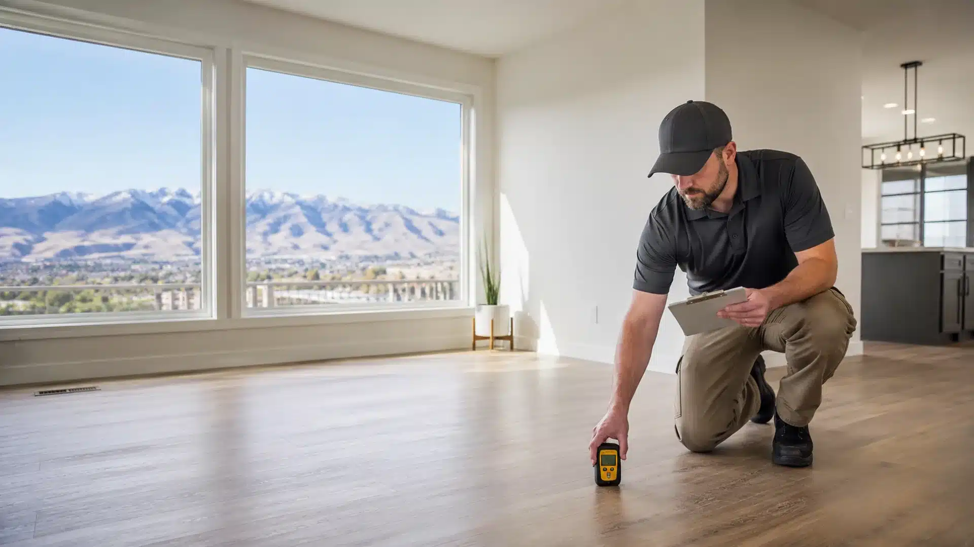 Reno floor inspector checking flooring conditions in a home with mountain views