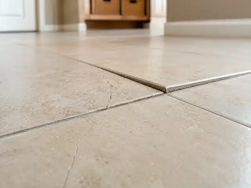 Cracked tile with visible lippage during a Reno flooring inspection