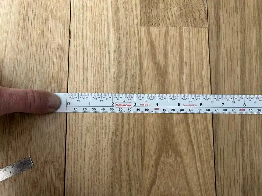 Board widths and nearby joints are documented together to understand the gap pattern.